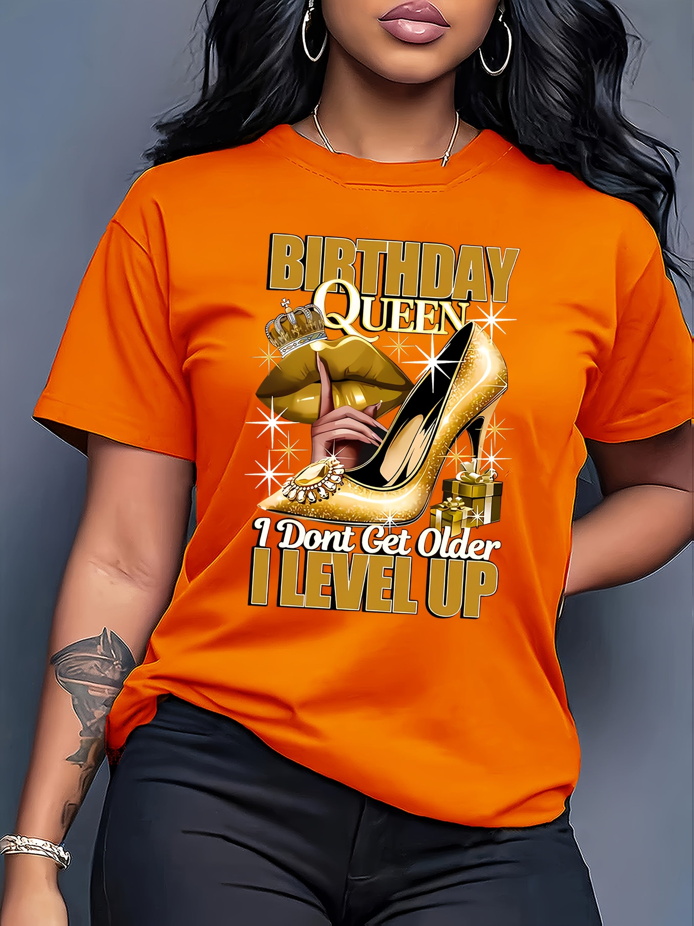 Birthday Queen Printed Women'S T-Shirt - Casual Crew Neck, Short Sleeve Top with High Heels & Crown Design, Perfect for Spring/Summer Celebrations, Birthday Party Apparel | Festive Design | Golden Crown Graphic, Birthday Part